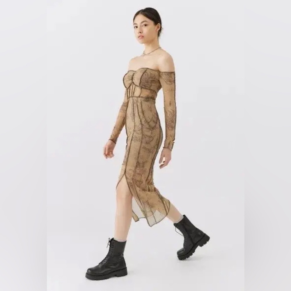 Urban Outfitters Off-Shoulder Sheer Midi Dress Brown Trinity Sheer Mesh size S